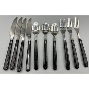 10 Pc Vintage Stainless Taiwan Black‎ Plastic Handle Flatware Silverware